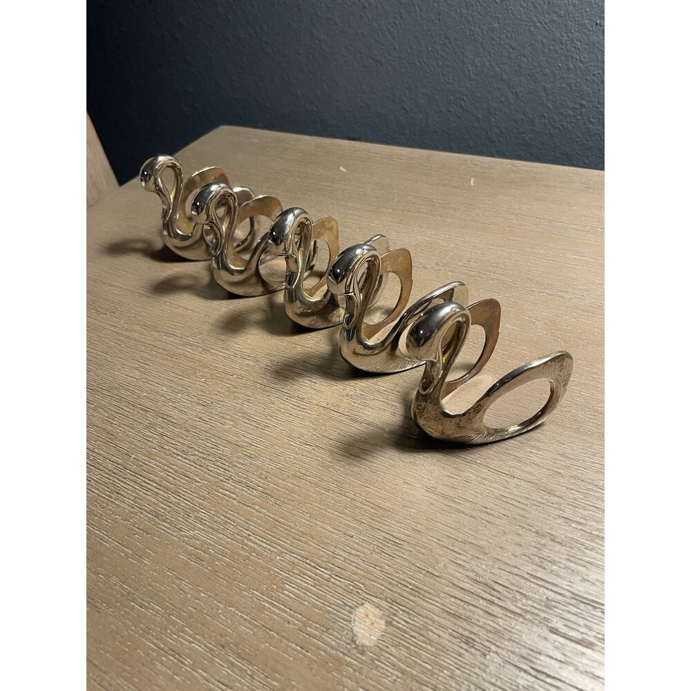 Vintage Silver Tone Swan Napkin Rings Set of 6 MCM Style Chrome Table Decor 2